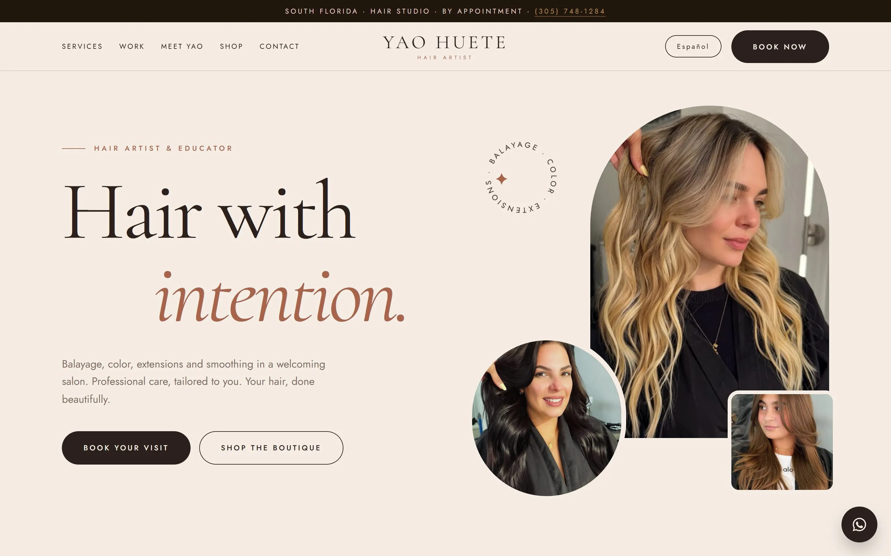 Yao Huete Hair Studio website, desktop view